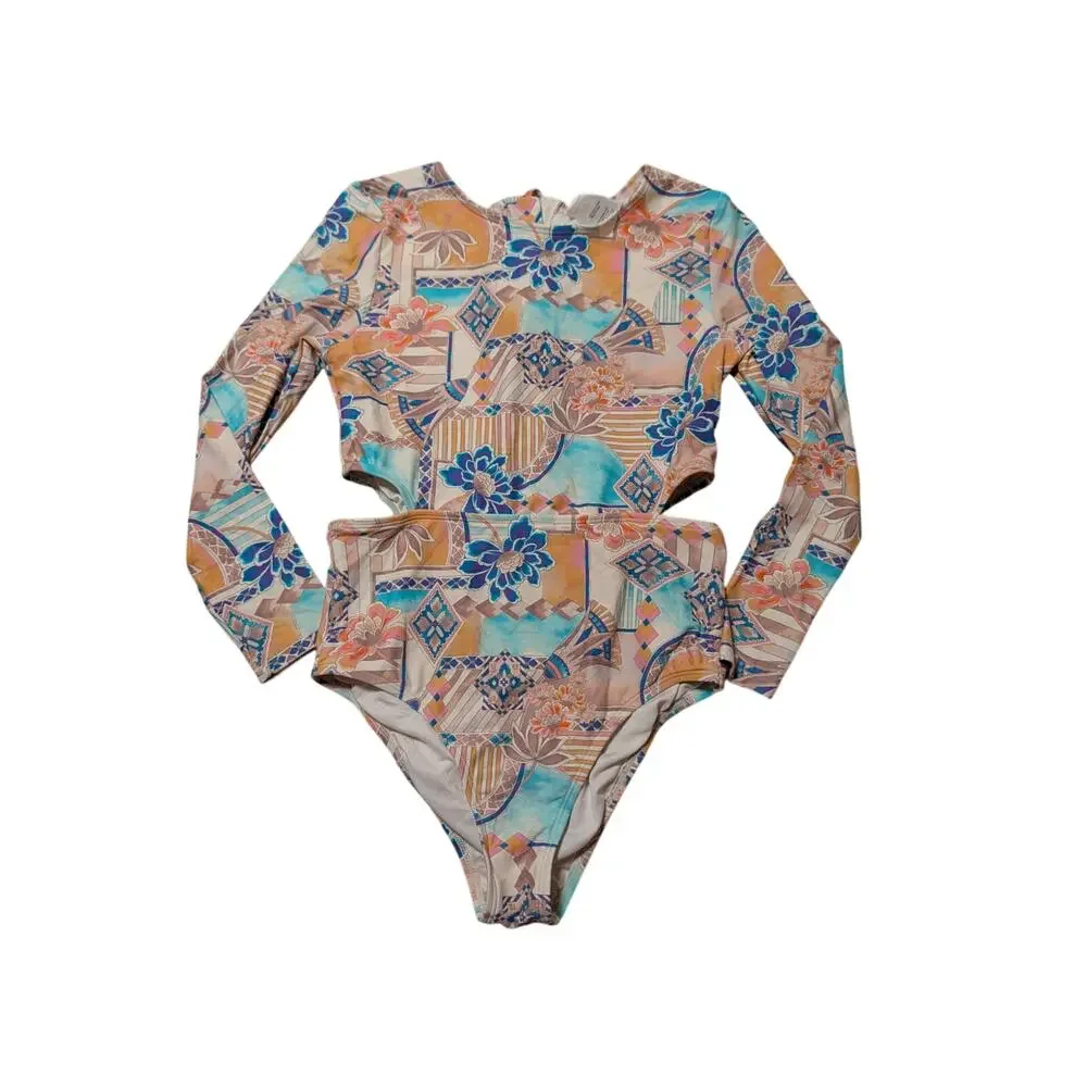 O'NEILL Floral long sleeve, cut out girls one piece swim suit, size 14, surf